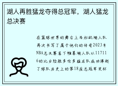 湖人再胜猛龙夺得总冠军，湖人猛龙总决赛