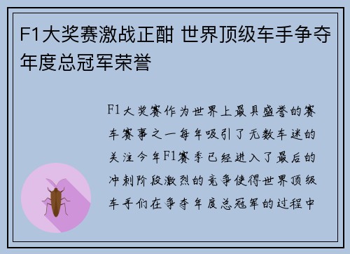 F1大奖赛激战正酣 世界顶级车手争夺年度总冠军荣誉