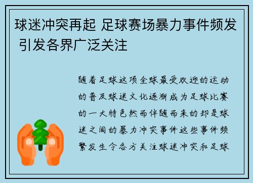 球迷冲突再起 足球赛场暴力事件频发 引发各界广泛关注